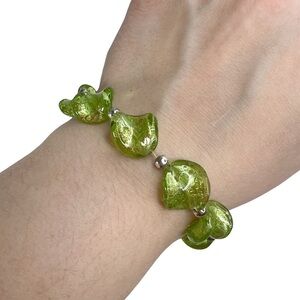 Lime Green & Gold Flecked Twisted Glass Stretch Bracelet